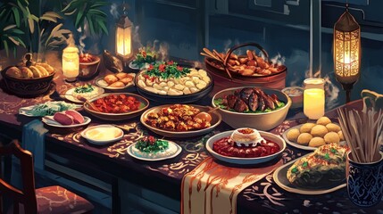 A richly decorated table laden with a sumptuous feast for a celebratory Eid