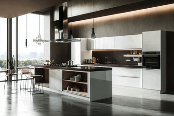 A contemporary kitchen with white matte cabinets and a central island featuring a dark stone backsplash for a bold modern design