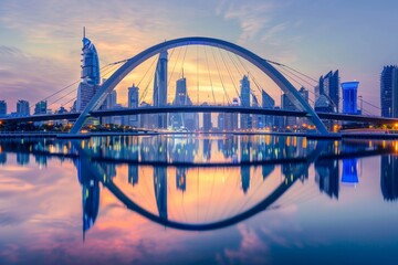 A modern bridge with a unique arch design reflects the city skyline at dusk in Dubai, Bridging the gap between traditional banking and innovation