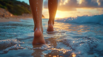 A pair of human legs walking on a sandy beach with the ocean in the background