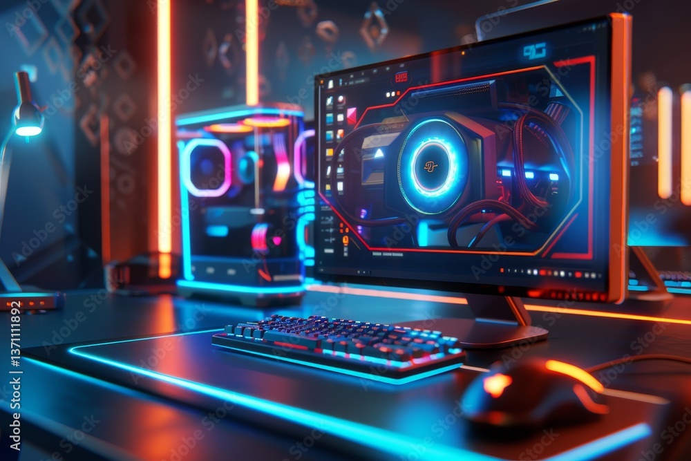 Aufkleber a futuristic computer setup with glowing lights, a sleek and futuristic computer with glowing lights