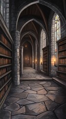 Fototapeta premium Stone hallway, book-lined walls, candlelight, arched ceilings.