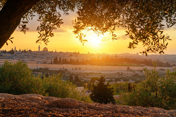 Sunset over Old Town of Jerusalem seen from Mount of Olives