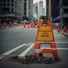 A Construction Ahead sign placed on a busy street.