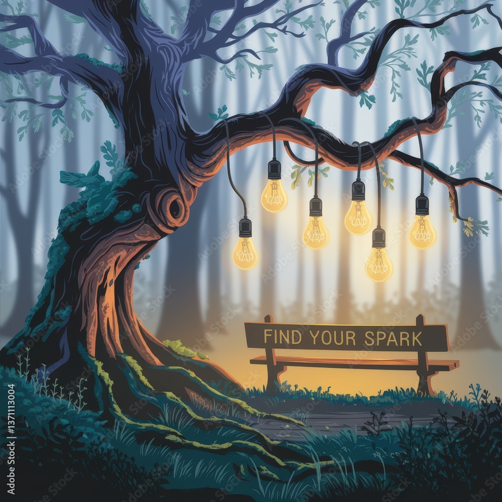 Poster enchanted forest scene with glowing light bulbs hanging from a tree and a wooden bench with text fin