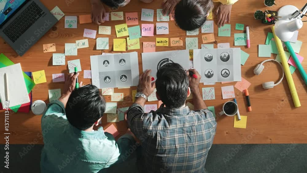 Poster top view of business team write graphic logo on meeting table with colorful sticky notes and design 