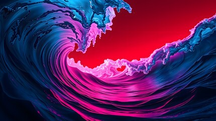 Abstract blue waves illuminated by a pink glow. Red background