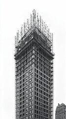 Damaged skyscraper under construction, scaffolding visible.