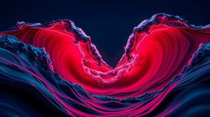 Abstract blue waves illuminated by a red glow. Dark background
