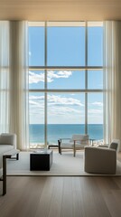 Ocean view living room, light furniture, wood floors.