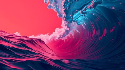 Abstract blue waves illuminated by a pink glow. Red background