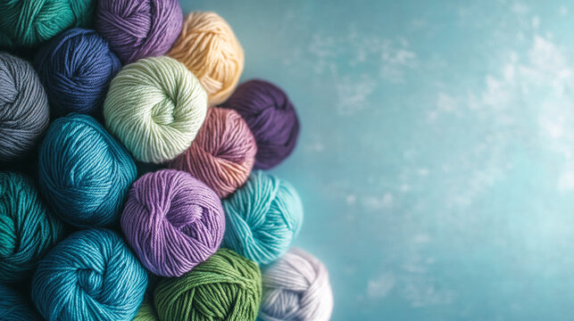 Close-up of colorful yarn balls, various pastel shades, arranged on a light-blue background, showcasing a craft or hobby concept, ideal for blogs or websites