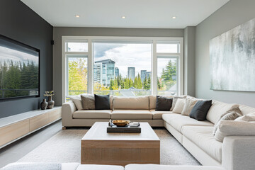 A contemporary living room with a neutral sectional sofa and deep gray walls featuring a sleek design for comfort and style