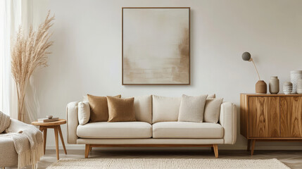 Stylish compositon of modern living room interior with beige sofa, abstract painting, wooden commode, side table and elegant home accessories. Home staging. Template. Copy space.