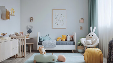 Stylish scandinavian interior of kid room with mock up poster frame, design furnitures, natural toys, hanging colorful flags, plush animals, child accessories and teddy bears. Modern home decor.