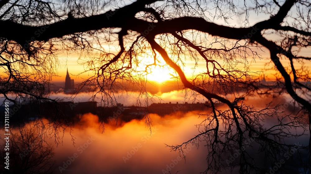Poster sun sets over cityscape creating a scenic skyline view framed by bare tree branches in silhouette.