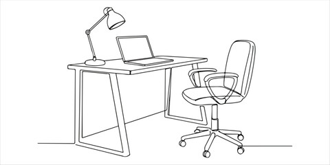 home office interior Modern work desk and chair with laptop single line art drawing sketch on white background 