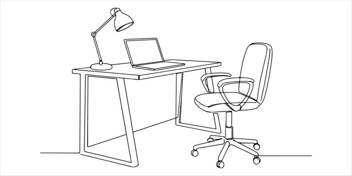 home office interior Modern work desk and chair with laptop single line art drawing sketch on white background 