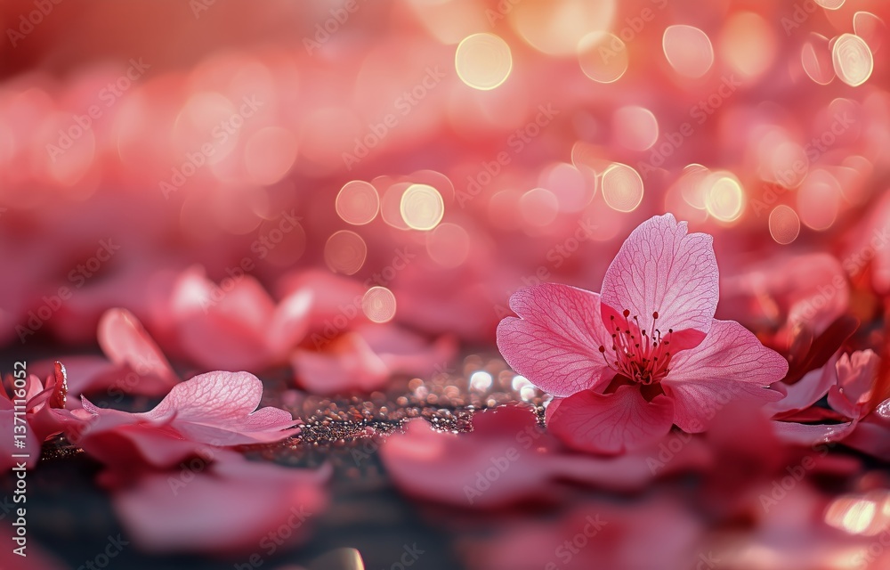 Aufkleber cherry blossom petals scattered on a serene surface with soft bokeh background in springtime light