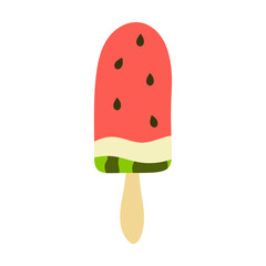Piece of juicy watermelon on a stick. Sweet dessert. Vector illustration.