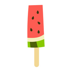 Piece of juicy watermelon on a stick. Sweet summer dessert. Vector illustration.