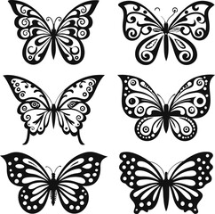  Set of six detailed black and white butterfly vector illustrations, showcasing elegant and artistic designs for decorative, nature-inspired, and symbolic themes in digital art and graphic projects.