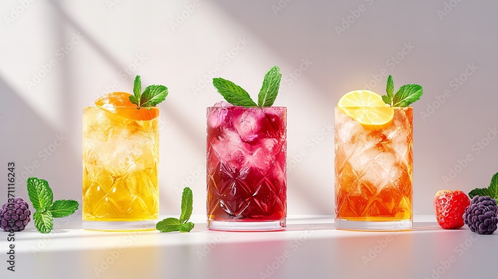 Poster three mocktails with ice and fruit are displayed on a white surface with soft lighting.