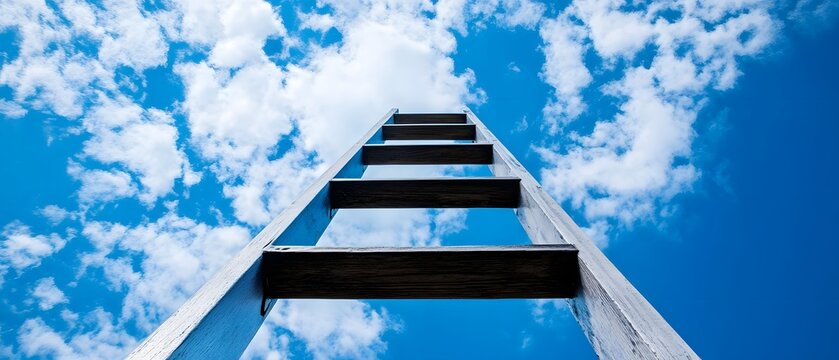 A wooden ladder stretches upward toward a bright blue sky filled with fluffy clouds. This image captures the essence of reaching new heights and aspiring to achieve one's dreams.