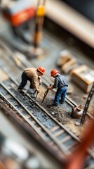 Miniature construction workers repair railroad tracks