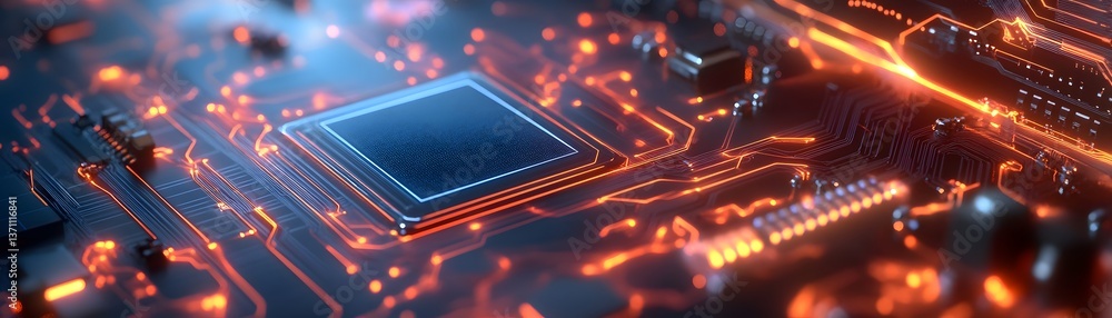 Poster close-up view of a microprocessor on a circuit board, showcasing intricate pathways and glowing elem