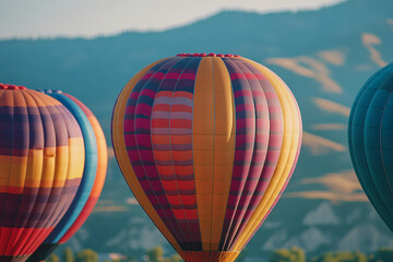 Obraz premium Close-up of colorful hot air balloons against a mountain backdrop, showcasing adventure, travel, and freedom concepts