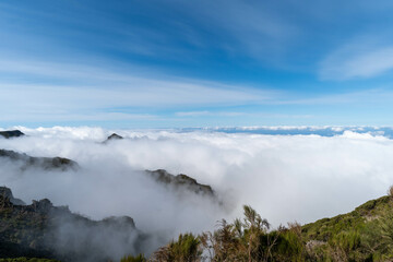 Mountain landscape with peaks covered in clouds and lush greenery in the foreground