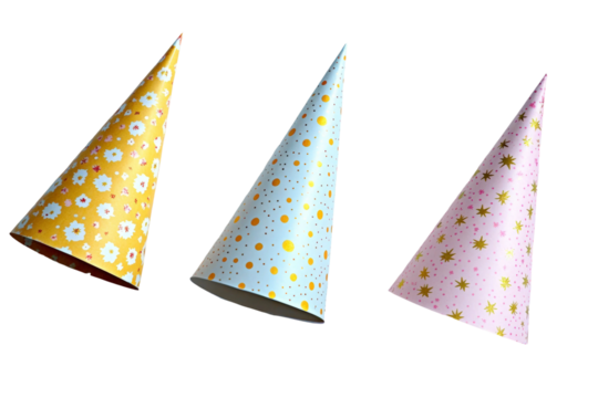Colorful party hats in vibrant patterns with flowers, dots, and stars on a white background, perfect for birthday celebrations and festive occasions