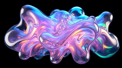 Holographic isolated liquid shape. Iridescent wavy melted substance on black background