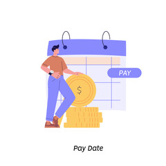 Person standing near to a calendar with pay date or tax declaration. Concept of payment date, finance calendar, financial report, pay day, business invoice. Vector illustration in flat design