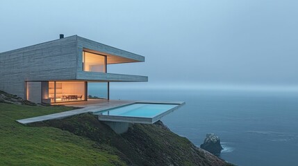 Fototapeta premium Modern cliffside house, infinity pool, ocean view.
