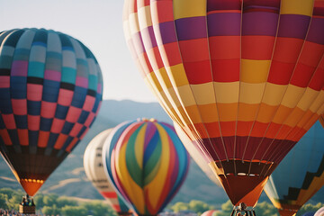 Obraz premium Colorful hot air balloons ascend against a blurred mountain backdrop, conveying a sense of adventure, freedom, and travel aspiration