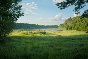 Obraz premium A tranquil scene of a green field with a tennis court in the distance, surrounded by trees and a blue sky, A serene landscape with a tennis court in the distance