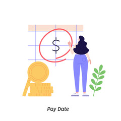 Person standing near to a calendar with pay date or tax declaration. Concept of payment date, finance calendar, financial report, pay day, business invoice. Vector illustration in flat design