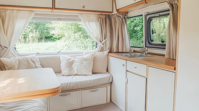 A small, cozy bedroom with a pink bedspread and a white dresser. The room has a rustic feel with wooden cabinets and a sink
