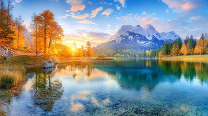 Fototapeta premium A stunning alpine lake scene at sunrise, crystal clear turquoise waters, blue sky