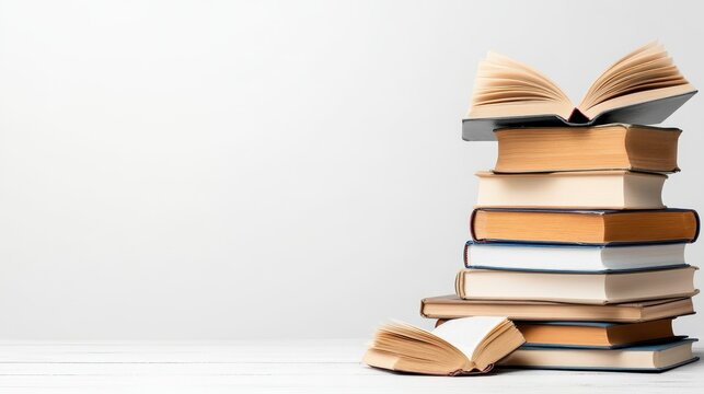 An artistic stack of books with one open, beautifully arranged to evoke curiosity and a sense of exploration, embodying the essence of knowledge and literary pursuit.