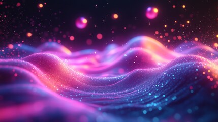 Abstract digital landscape with glowing particles and floating spheres