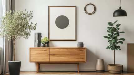 Design scandinavian interior of living room with wooden console, rings on the wall, mock up poster frame, flowers in vase and elegant personal accessories. Modern home decor. Template.