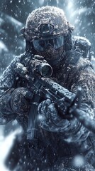 Camouflaged figure aims rifle in snowy woods, clad in winter gear. Focused and determined