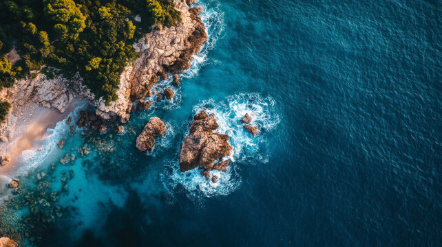 Aerial view of ocean waves against rocky shoreline