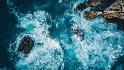 Aerial view of ocean waves crashing against rocky shoreline
