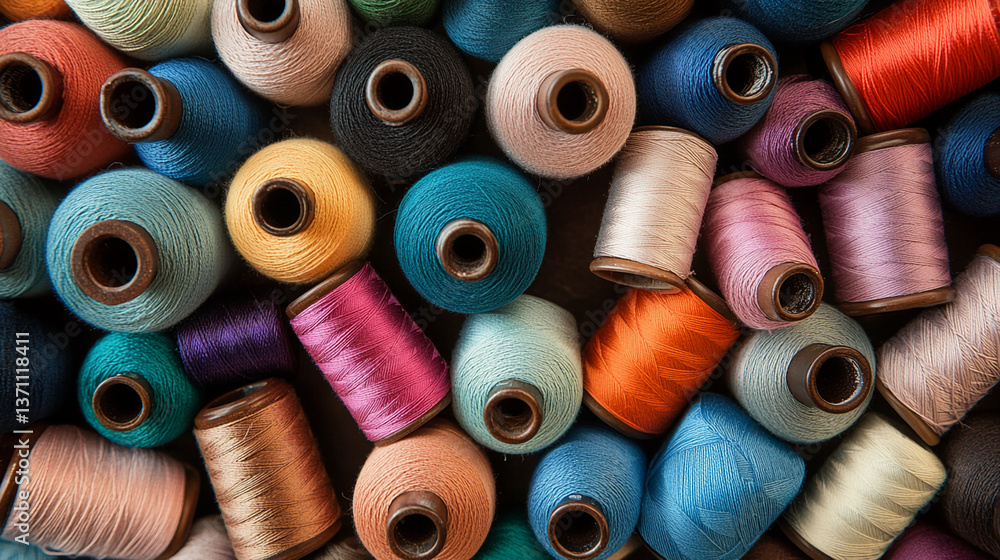 Poster colorful spools of thread arranged closely, showcasing a variety of textures and hues, representing 