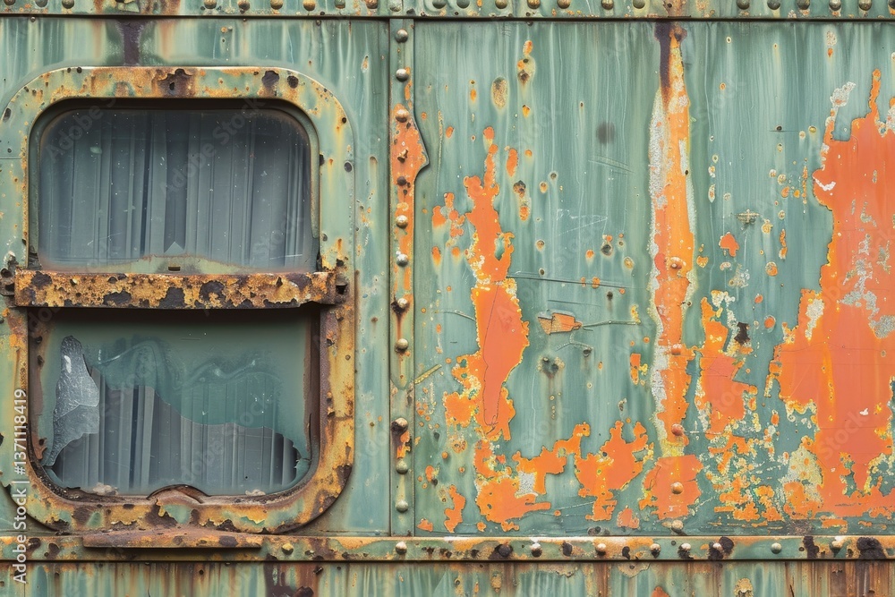 Poster a close-up of a weathered train car with a rusty window, streaks of rust and decay adding depth