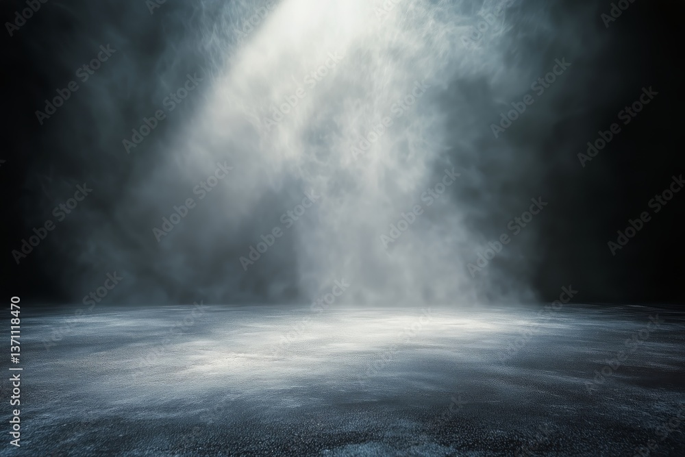Poster light beams shining through fog creating a mysterious atmosphere in a dark space